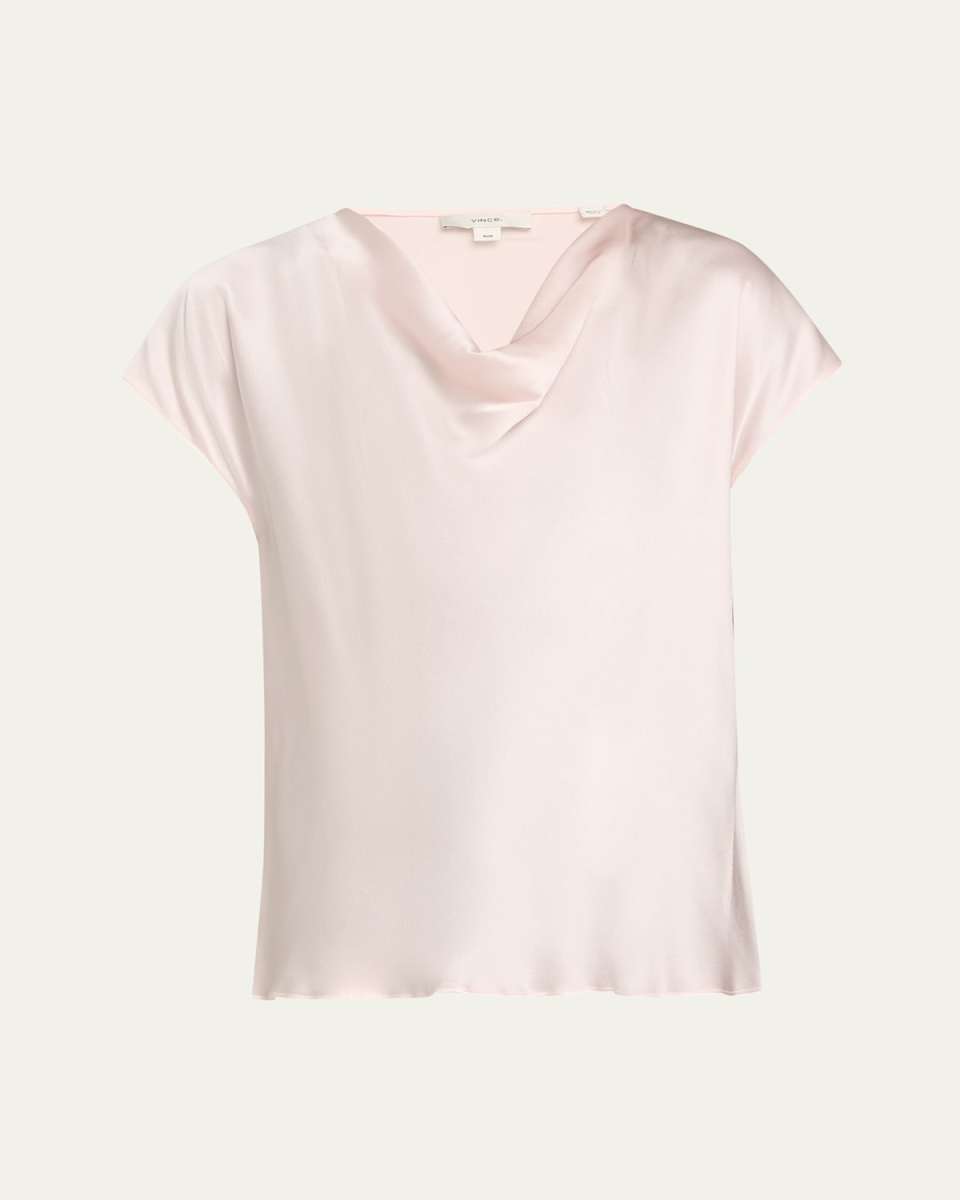 Cowl-Neck Cap-Sleeve Satin Blouse